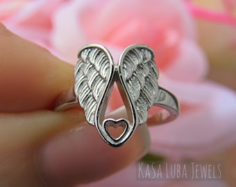 Sterling Silver Wings and Heart Ring: Memorial Jewelry