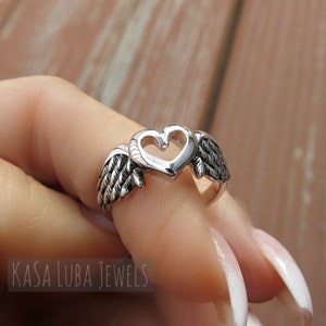 Sterling Silver Wings heart ring - fallen angel - in memory of - angel ring - wing jewelry - sweet ring