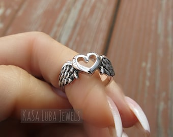 Sterling Silver Heart Wings Ring: Angel Memorial Jewelry