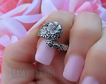 Womens Silver Spoon Ring - Flower Spoon Ring - Silver Ring - Silver Fork Ring - Spiral Ring - Wrap Ring