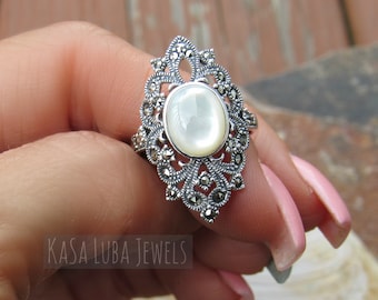 Mother of Pearl Marcasite Ring: Sterling 925 Silver, Bold Sparkly Design