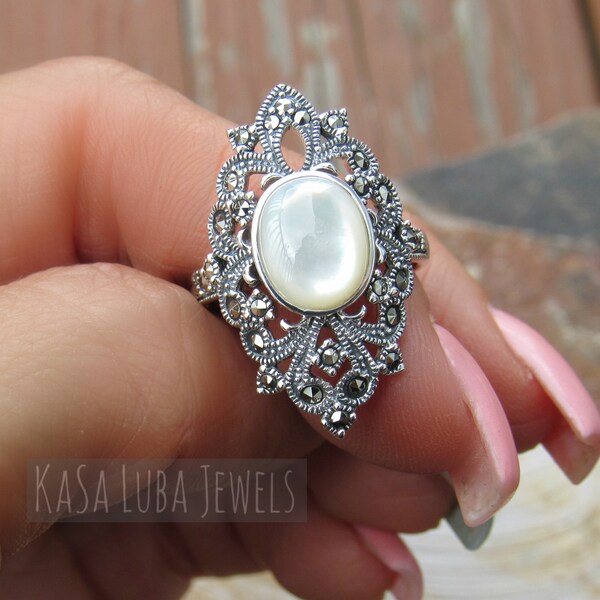 Mother of Pearl Marcasite silver ring, mother of pearl ring, marcasite ring, silver ring