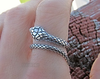 Oxidized Sterling Silver Snake Ring: Adjustable CZ Reptile Jewelry