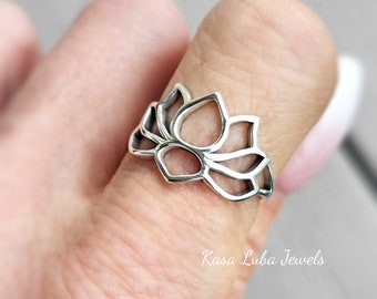 Oxidized Sterling Silver Lotus Ring - Floral Jewelry