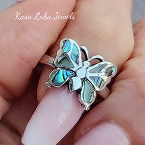Womens Butterfly Ring - Solid sterling silver ring - Multi stone - Genuine Turquoise - Abalone Shell -  Cute Ring - sweet ring