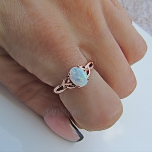 Rose Gold plated White opal silver ring - Womens opal ring - Lab created opal ring - celtic ring - 925 sterling silver