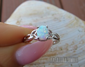 White opal silver ring Womens opal ring Lab created opal ring celtic ring 925 sterling silver Etsy