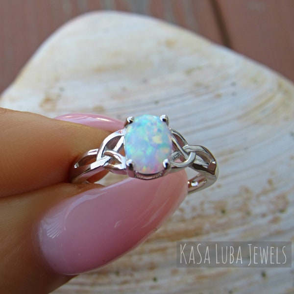 White Opal Celtic Ring: 925 Sterling Silver, Lab Created Opal