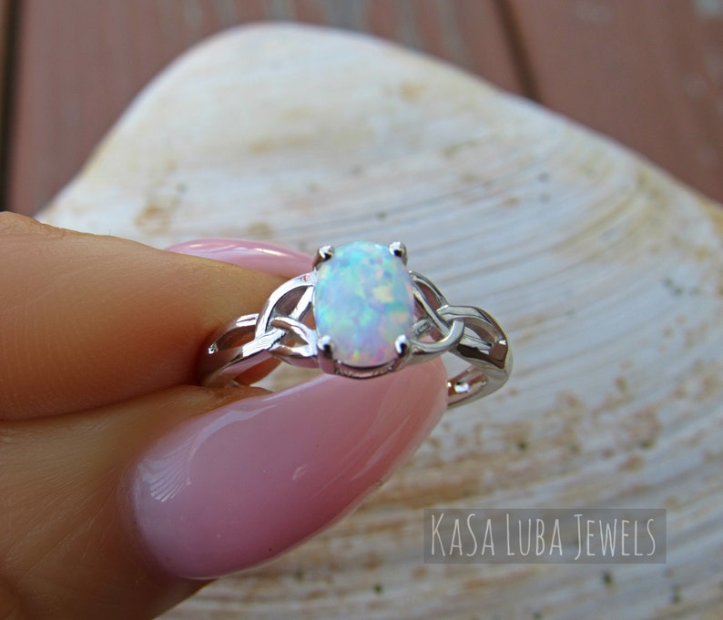 White opal silver ring - Womens opal ring - Lab created opal ring - celtic ring - 925 sterling silver 