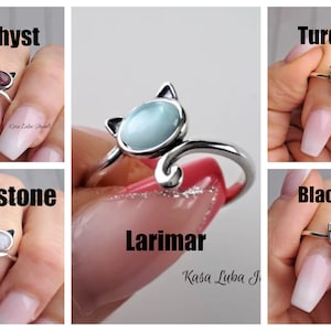 Dainty Cat silver ring, Larimar - Womens cat jewelry - stamped 925 moonstone turquoise black agate amethyst