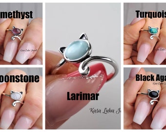 Dainty Cat silver ring, Larimar - Womens cat jewelry - stamped 925 moonstone turquoise black agate amethyst