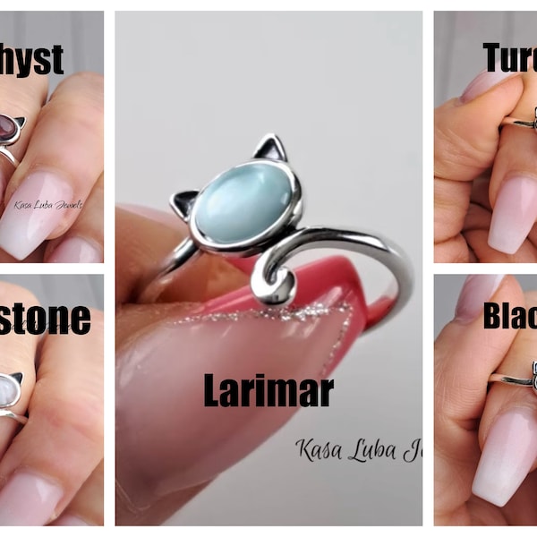 Dainty Cat silver ring, Larimar - Womens cat jewelry - stamped 925 moonstone turquoise black agate amethyst