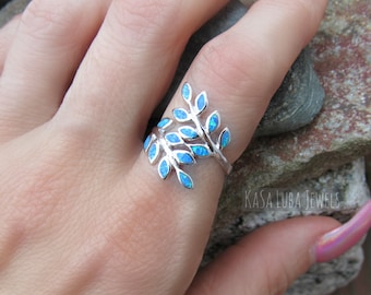 Anillo de plata de ley con hoja de helecho azul: anillo llamativo con flor de ópalo de laboratorio