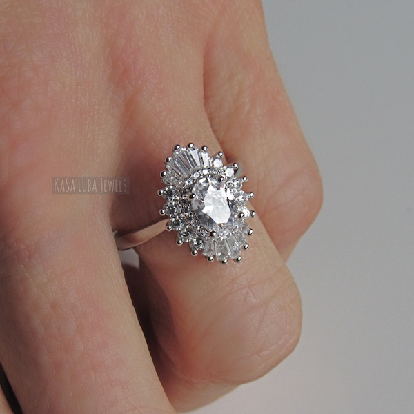 Vintage Style Halo Sterling Silver Ring: Oval Baguette CZ Anniversary Ring