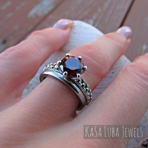 Dark Red CZ marcasite silver ring, Anniversary ring, engagement ring, womens statement ring - January Birthstone