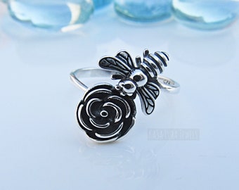 Oxidized Sterling Silver Honeybee Ring - Insect Jewelry