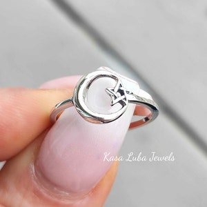 Star and moon silver ring, sterling silver - simple ring - 925 - pentacle - pentagram