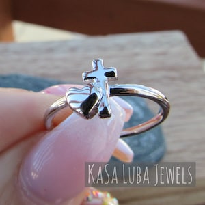 Religious Heart cross ring - religious rings - womens promise ring - confirmation ring - simple ring - faith ring