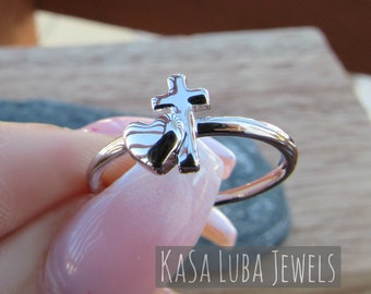 Sterling Silver Heart Cross Ring: Religious Promise Ring