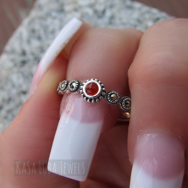 Red Agate marcasite silver ring, sterling silver - Womens red agate ring, marcasite ring - January birthstone