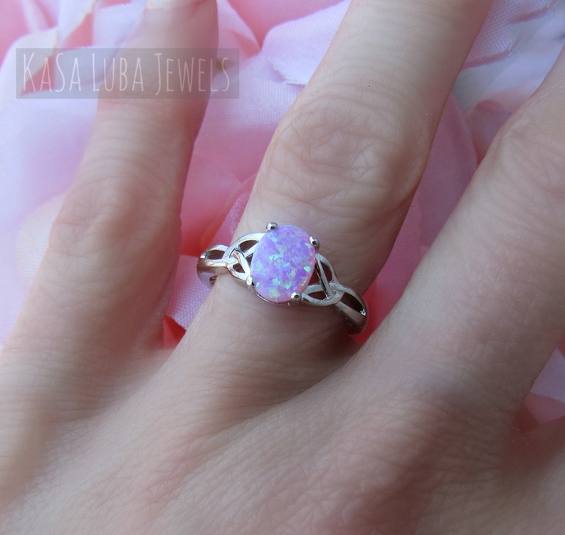 Lab Pink Opal Celtic Ring - Sterling Silver Womens Jewelry image 1
