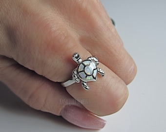 Sterling Silver Turtle Ring: Lab White Opal Inlay