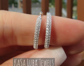 CZ Sterling Silver Hoop Earrings: Prong Setting, Rhodium Plated