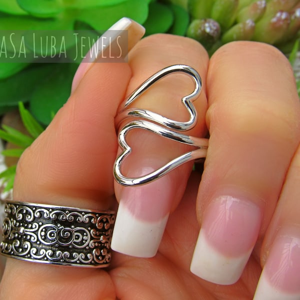 Sterling Silver double heart ring, womens statement ring, large ring - unique ring - gifts for women - promise ring