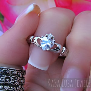 Silver CZ Celtic Claddagh Ring, Claddagh silver ring, Promise jewelry, irish ring