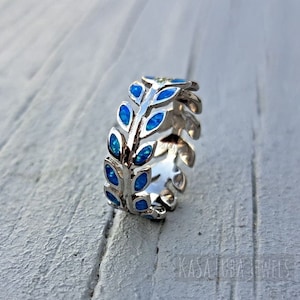 Womens Blue leaf Opal ring - Lab Blue opal flower ring - statement ring - large ring - autumn ring - unique ring