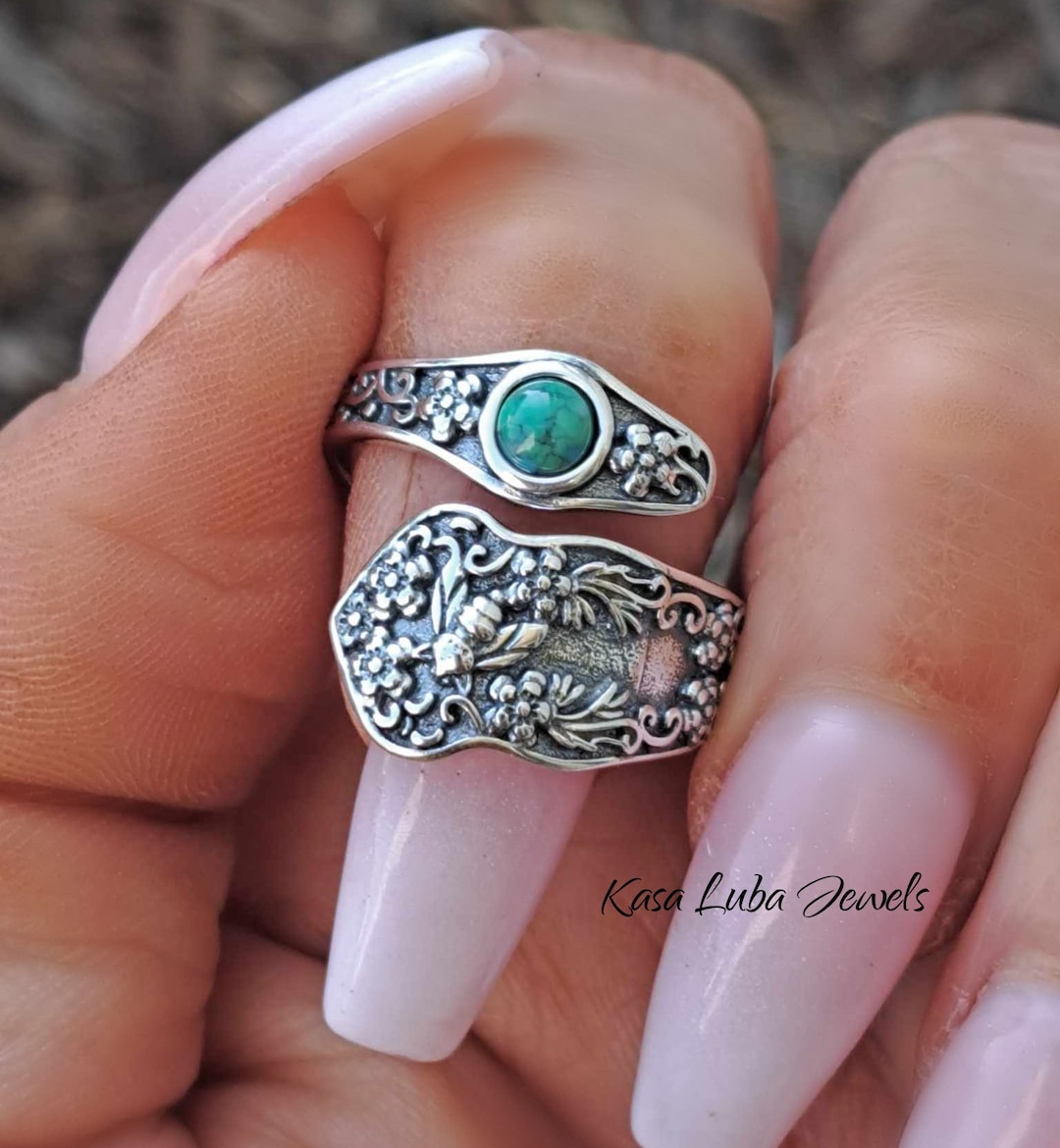 Sterling Silver Bee Spoon Ring: Genuine Turquoise, Oxidized Finish - Etsy