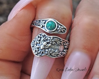 Sterling Silver Bee Spoon Ring: Genuine Turquoise, Oxidized Finish