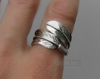 Oxidized Sterling Silver Feather Ring: Adjustable Wrap Ring