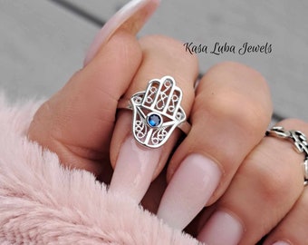 Bague Vintage Main De Fatma (Hamsa) - Pierre Bleue œil Protecteur - Occasion, Bijou De Protection