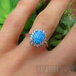 Lab Opal CZ silver ring, Blue opal ring, Halo Opal ring, silver ring