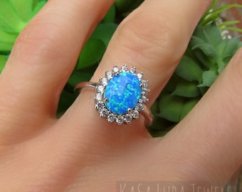 Lab Opal CZ Halo Ring: 925 Sterling Silver