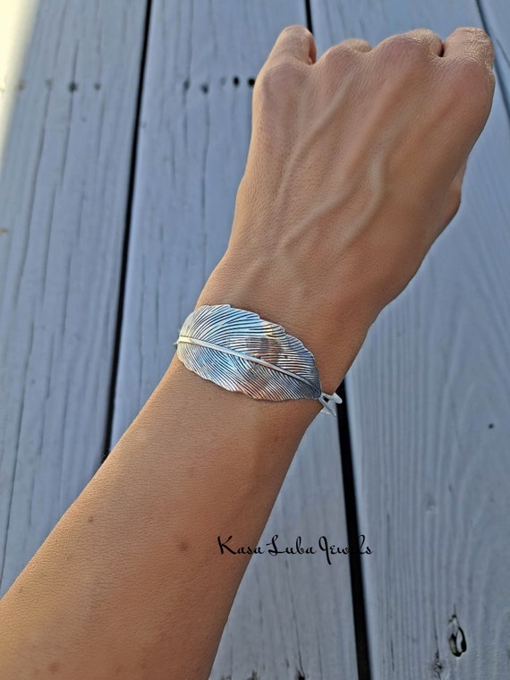Feather Adjustable Bangle Bracelet, Sterling Silver, 925
