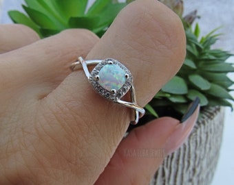 White Opal CZ Sterling Silver Ring - Celtic Style