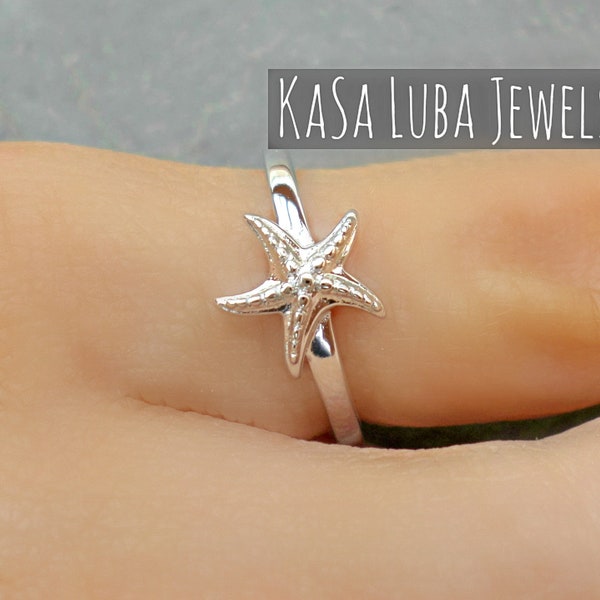 Sterling Silver Starfish Ring - .925 Silver Adjustable Ring For Women & Men
