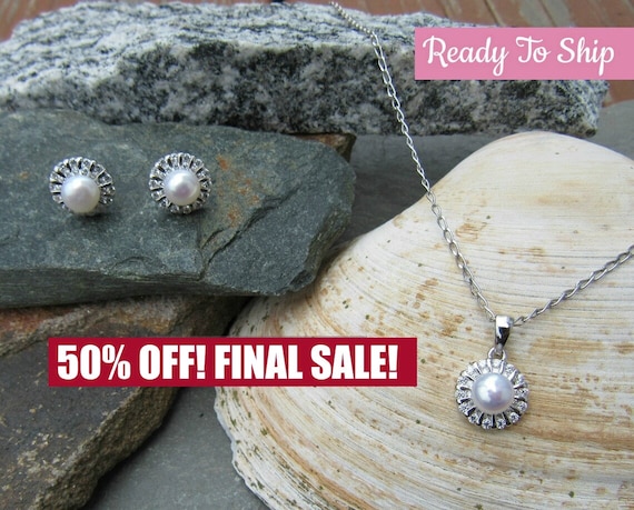 Sterling Silver Fresh Water Pearl Set: CZ Pendant & Earrings