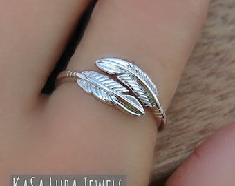 Sterling Silver Feather Wrap Ring - Adjustable Boho Jewelry