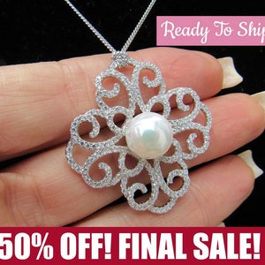 Silver Pearl Necklace, Anniversary jewelry, wedding Jewelry, CZ And Fresh Water Pearl 17 - 19&quot;