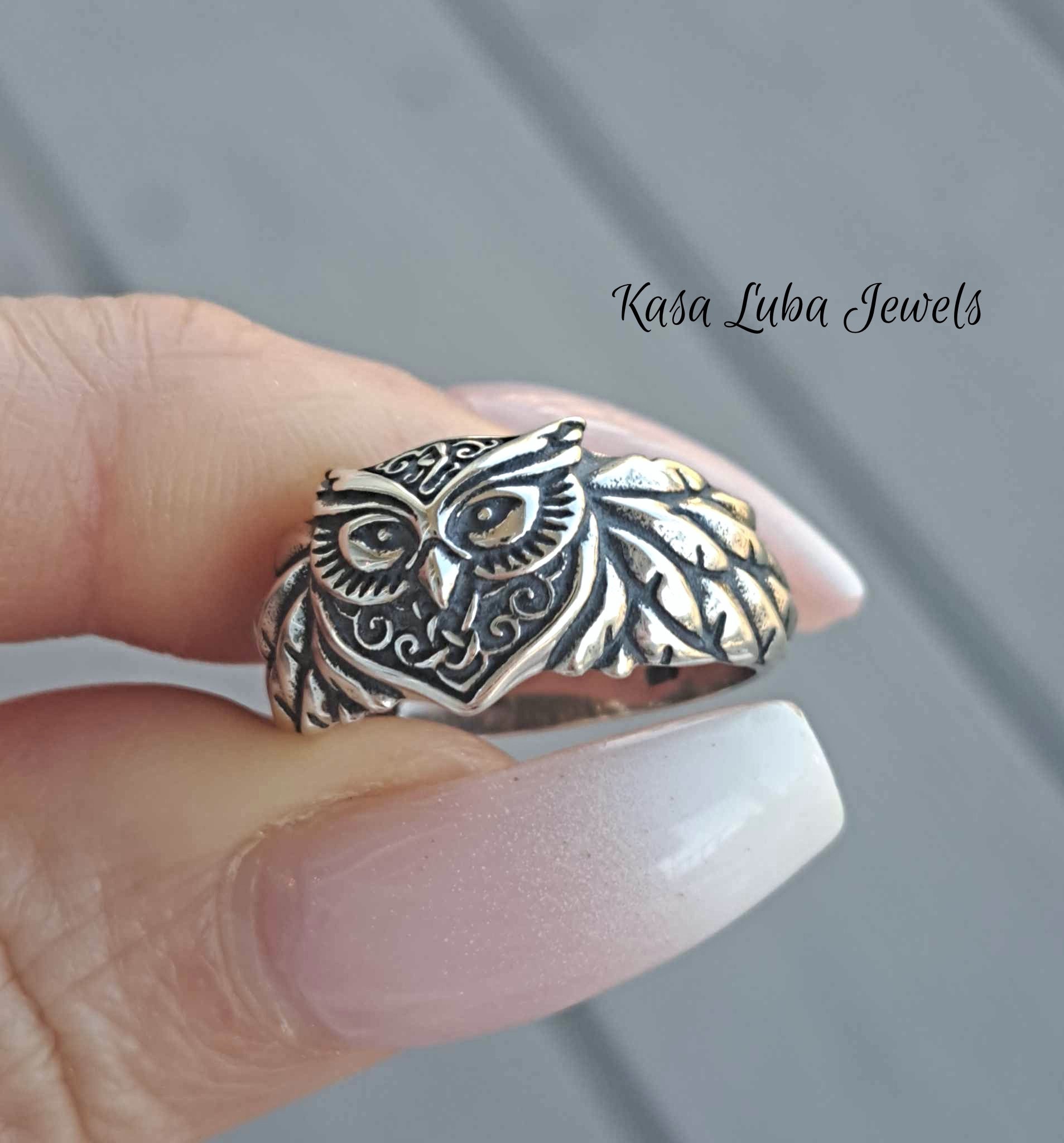 Oxidized Owl & Tree Branch Sterling Silver Ring - .925 Silver Band, Detailed Design, Sizes 6-9 - View #3