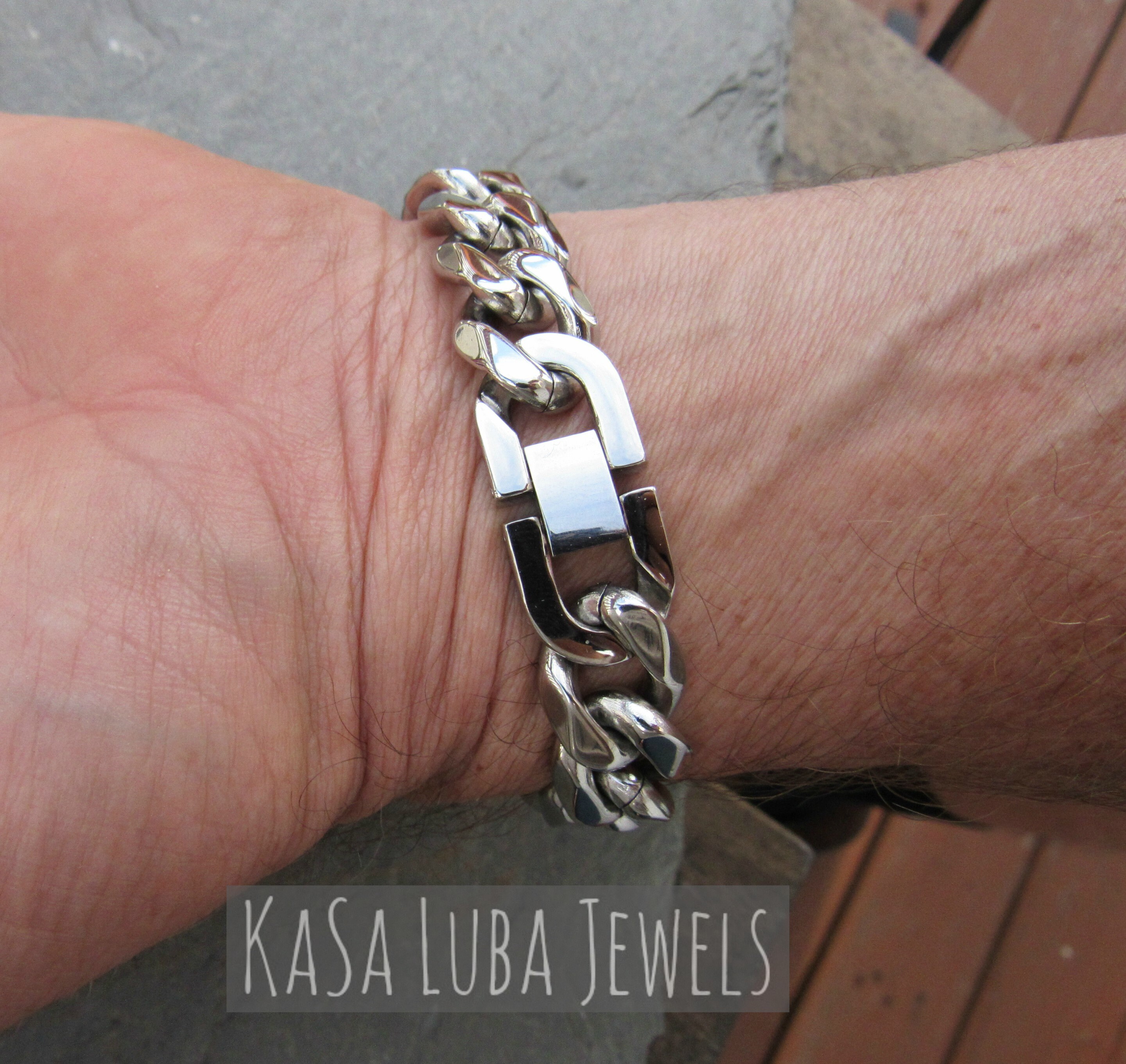 Stainless Steel Mens Bracelet - Steel Curb Bracelet - Mens Gifts - Mens Jewelry - 13.8mm Bracelet - 7.5, 8, 8.75, 9 inch