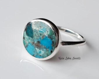 Sterling Silver Turquoise Ring: Round December Birthstone, Oxidized Finish