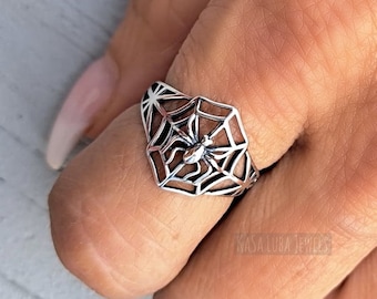 Oxidized Sterling Silver Spider Web Ring - Halloween Jewelry