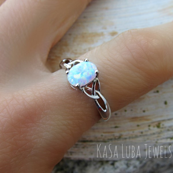 White Opal Celtic Ring: 925 Sterling Silver, Lab Created Opal