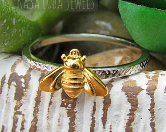Gold Plated Honeybee Ring: Sterling Silver Bumble Bee Jewelry