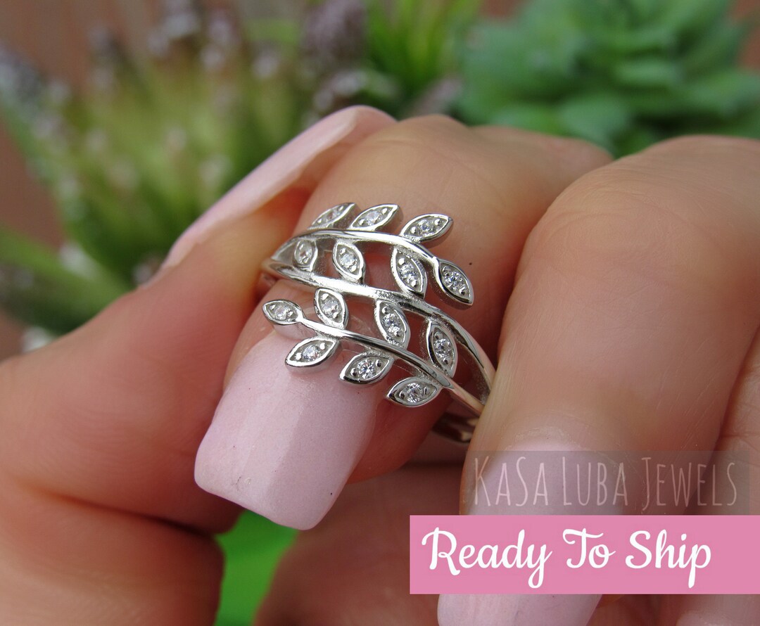 アクセサリー Vintage Sandblasting Leaf Ring 925 Clear CZ Abstract Leaf Fashion Ring New .925 Sterling Silver