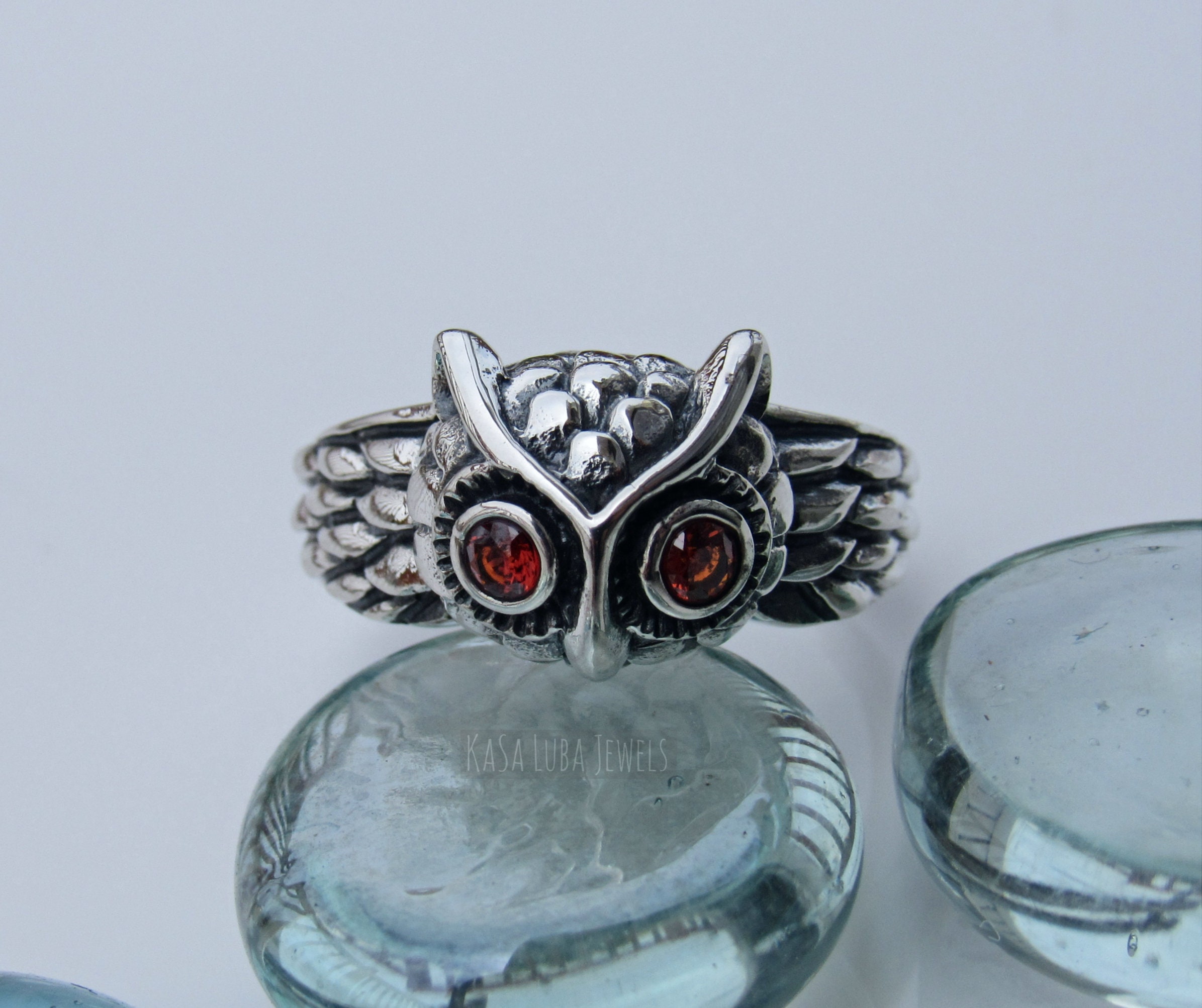 Owl CZ Sterling silver ring, Red CZ owl ring, Mens owl ring - womens silver ring, 925 silver ring